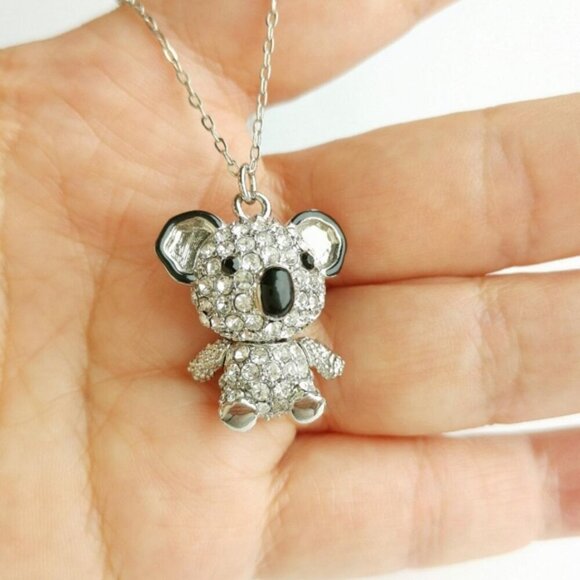 Teddy Koala Bear Pendant Necklace in Silver tone with Swarovski Crystals - Picture 5 of 7